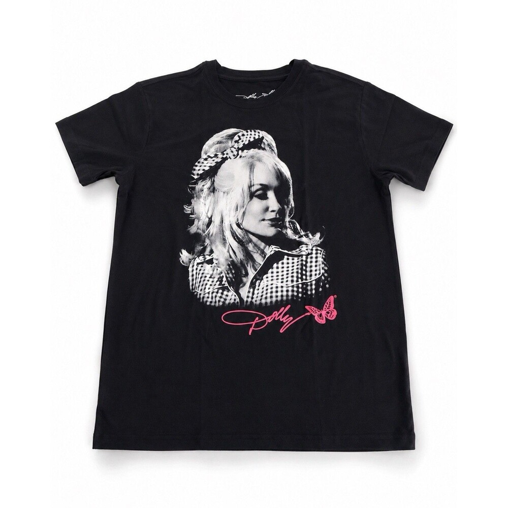 Dolly Parton Women’s Graphic Crew Tee Medium Black Pink Butterfly Mad Engine